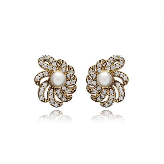 Pearl CZ Flower 925 Sterling Silver Earrings | 925 Sterling Silver Wholesale | Sade Silver Pearl CZ Flower 925 Sterling Silver Earrings - Sade 925 Silver Jewelry