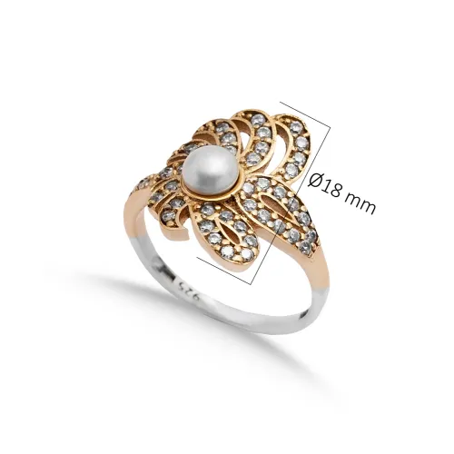 Pearl CZ Flower Ottoman Silver Authentic Ring