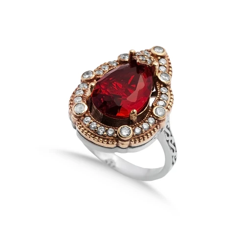 Garnet CZ Pear Ottoman 925 Sterling Silver Ring