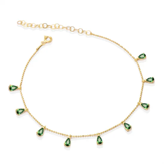 Minimalist Emerald CZ Pear Shape Shaker Silver Anklet Minimalist Emerald CZ Pear Shape Shaker Silver Anklet