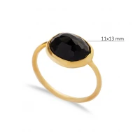 Black Quartz Oval Gold Bezel 925 Sterling Silver Ring