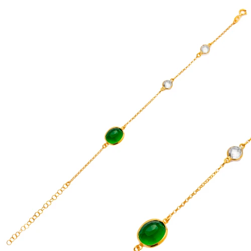 Emerald Quartz Oval Bezel Chain 925 Silver Bracelet