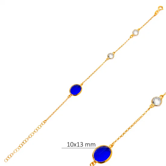 Sapphire Quartz Oval Gold Bezel CZ 925 Silver Bracelet Sapphire Quartz Oval Gold Bezel CZ 925 Silver Bracelet