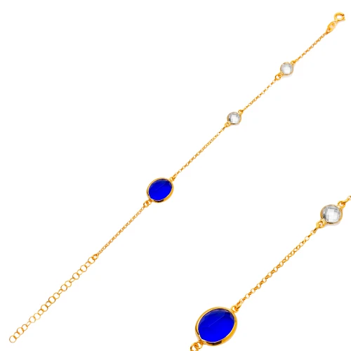 Sapphire Quartz Oval Gold Bezel CZ 925 Silver Bracelet