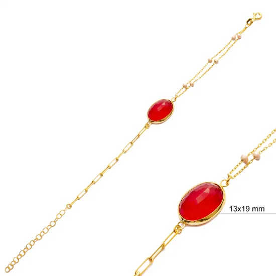 Ruby Quartz Gold Bezel Oval Shape 925 Silver Bracelet | 925 Sterling Silver Wholesale | Sade Silver Ruby Quartz Gold Bezel Oval Shape 925 Silver Bracelet - Sade 925 Silver Jewelry