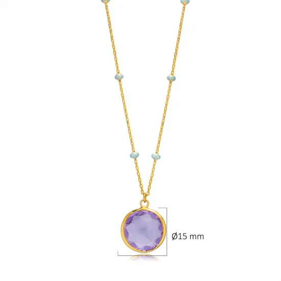 Purple Quartz Round Enamel Gold Chain Silver Necklace Purple Quartz Round Enamel Gold Chain Silver Necklace