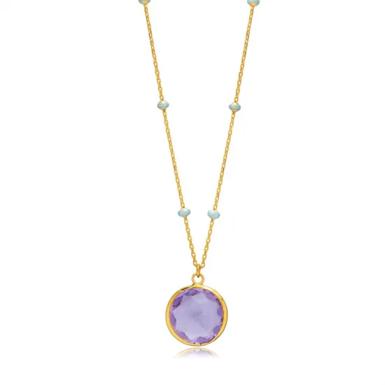 Purple Quartz Round Enamel Gold Chain Silver Necklace Purple Quartz Round Enamel Gold Chain Silver Necklace