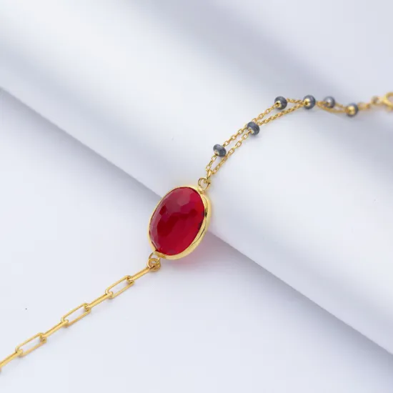Ruby Quartz Oval Design Gold Bezel Charm Silver Bracelet Ruby Quartz Oval Design Gold Bezel Charm Silver Bracelet
