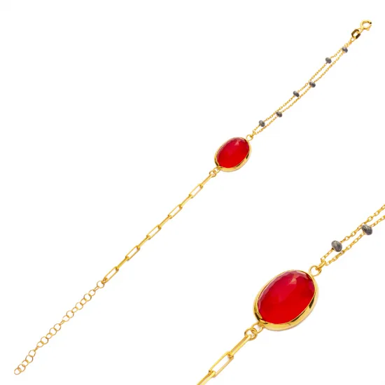 Ruby Quartz Oval Design Gold Bezel Charm Silver Bracelet Ruby Quartz Oval Design Gold Bezel Charm Silver Bracelet