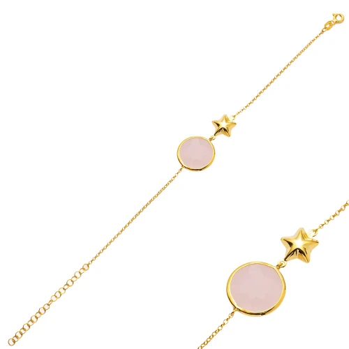 Pink Quartz Round Star Gold Bezel 925 Silver Bracelet