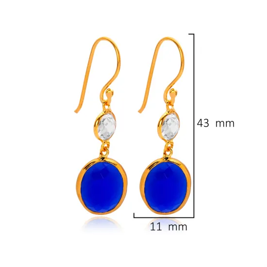 Sapphire Quartz Oval 22K Gold Bezel 925 Silver Hook Earrings Sapphire Quartz Oval 22K Gold Bezel 925 Silver Hook Earrings