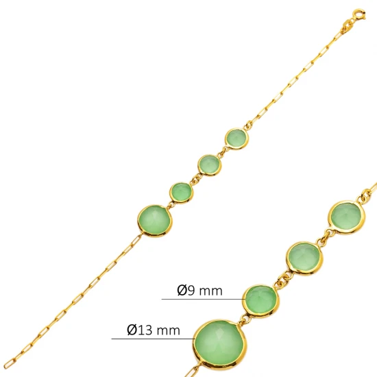 Green Quartz Round 22 Karat Gold Bezel Silver Bracelet - Sade 925 Silver Jewelry