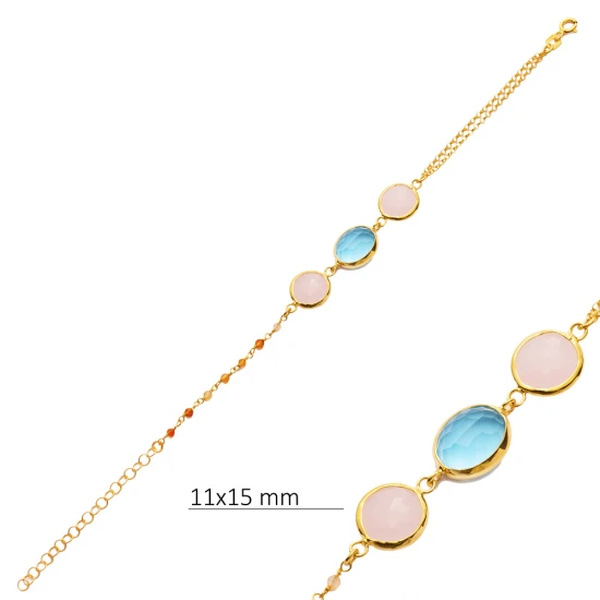 Pink And Aquamarine Quartz Gold Bezel Silver Bracelet Pink And Aquamarine Quartz Gold Bezel Silver Bracelet