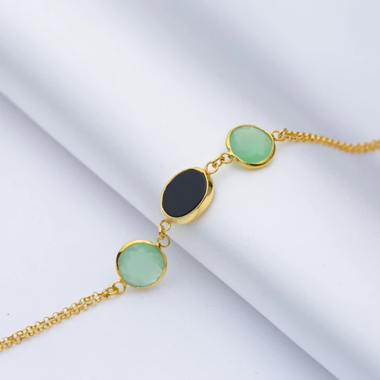 Oval Shape Quartz Stones Gold Bezel 925 Silver Bracelet - Sade 925 Silver Jewelry