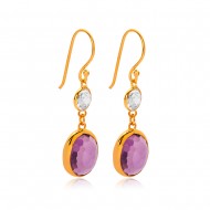 Amethyst Quartz Oval 22K Gold Bezel Hook Silver Earrings