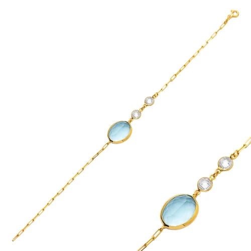 Aquamarine Quartz Oval Gold Bezel 925 Silver Bracelet