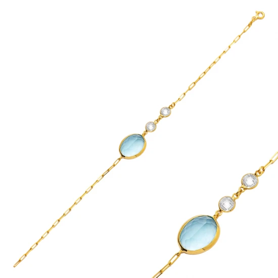 Aquamarine Quartz Oval Gold Bezel 925 Silver Bracelet - Sade 925 Silver Jewelry
