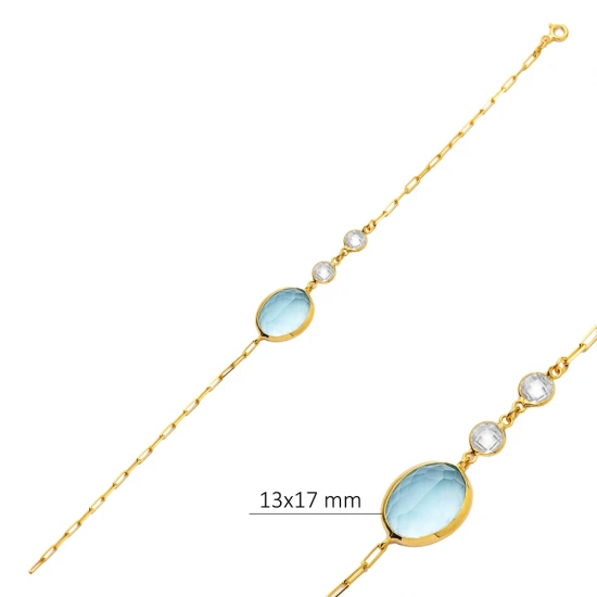 Aquamarine Quartz Oval Gold Bezel 925 Silver Bracelet - Sade 925 Silver Jewelry