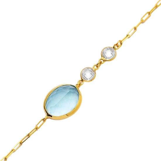 Aquamarine Quartz Oval Gold Bezel 925 Silver Bracelet - Sade 925 Silver Jewelry