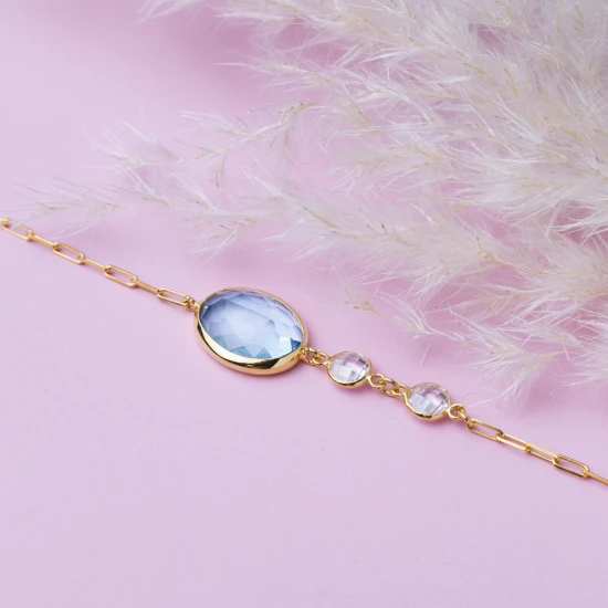 Aquamarine Quartz Oval Gold Bezel 925 Silver Bracelet - Sade 925 Silver Jewelry