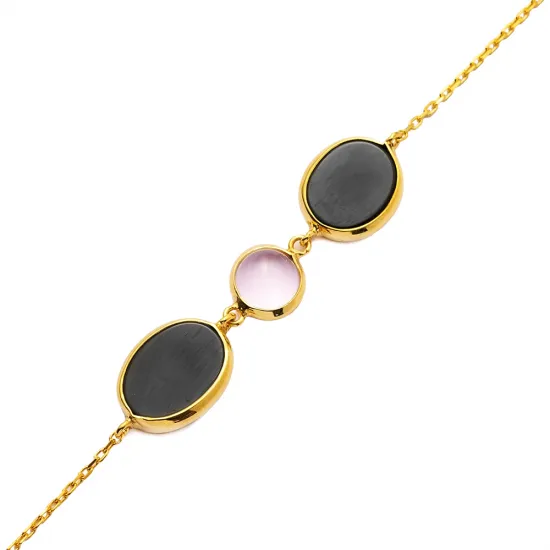 Black And Pink Quartz Gold Bezel 925 Silver Bracelet Black And Pink Quartz Gold Bezel 925 Silver Bracelet