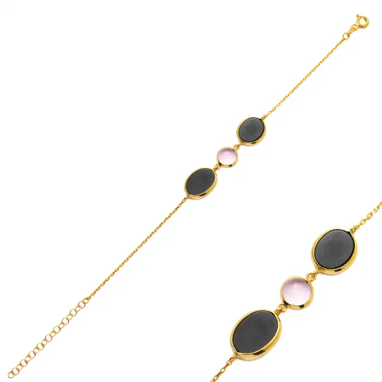 Black And Pink Quartz Gold Bezel 925 Silver Bracelet Black And Pink Quartz Gold Bezel 925 Silver Bracelet