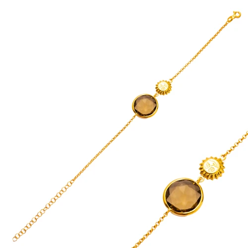 Olive Quartz Gold Bezel Round Sun 925 Silver Bracelet