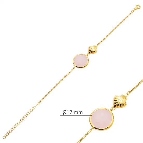Pink Quartz Round Shell Gold Bezel 925 Silver Bracelet Pink Quartz Round Shell Gold Bezel 925 Silver Bracelet