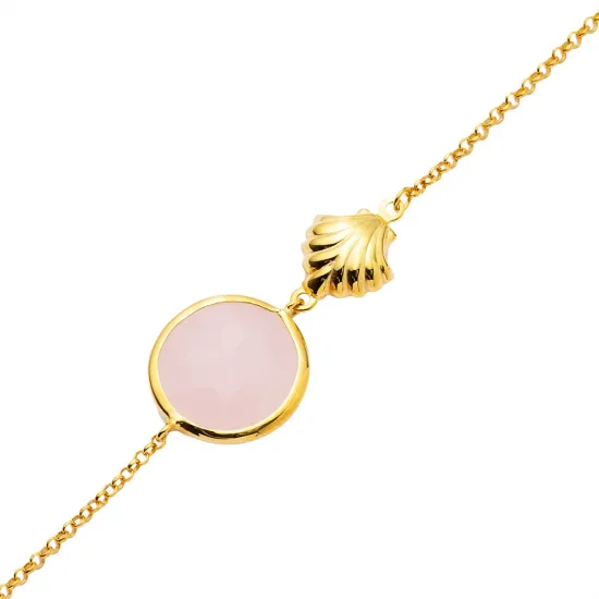 Pink Quartz Round Shell Gold Bezel 925 Silver Bracelet Pink Quartz Round Shell Gold Bezel 925 Silver Bracelet