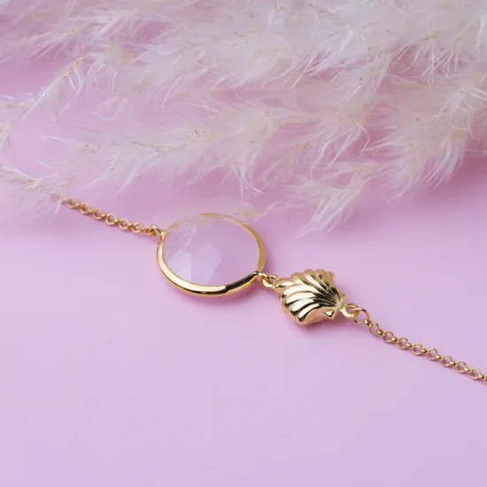Pink Quartz Round Shell Gold Bezel 925 Silver Bracelet Pink Quartz Round Shell Gold Bezel 925 Silver Bracelet