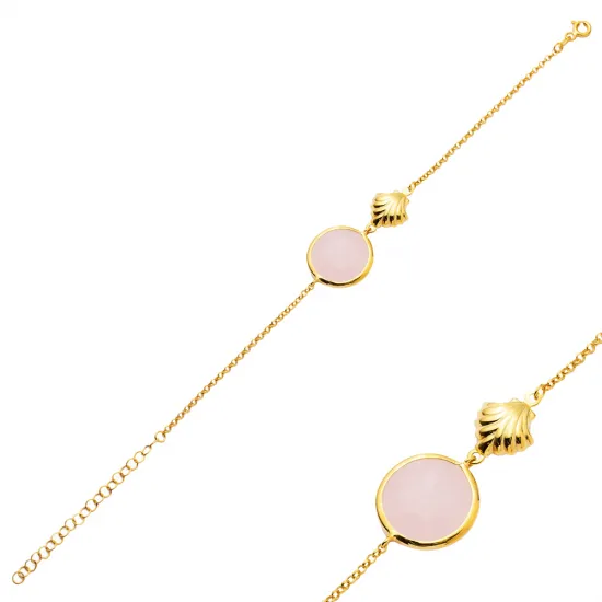 Pink Quartz Round Shell Gold Bezel 925 Silver Bracelet Pink Quartz Round Shell Gold Bezel 925 Silver Bracelet
