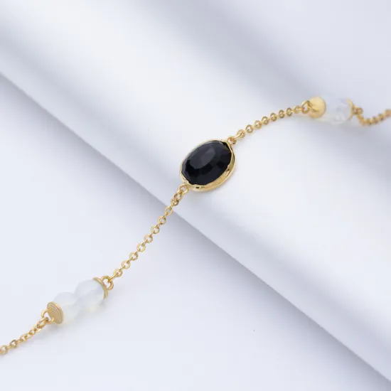 Black Quartz Oval Design Gold Bezel Bracelet Silver Jewelry Black Quartz Oval Design Gold Bezel Bracelet Silver Jewelry