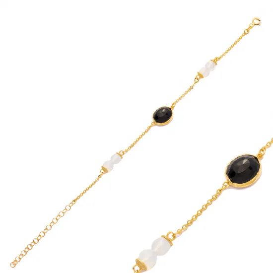 Black Quartz Oval Design Gold Bezel Bracelet Silver Jewelry Black Quartz Oval Design Gold Bezel Bracelet Silver Jewelry