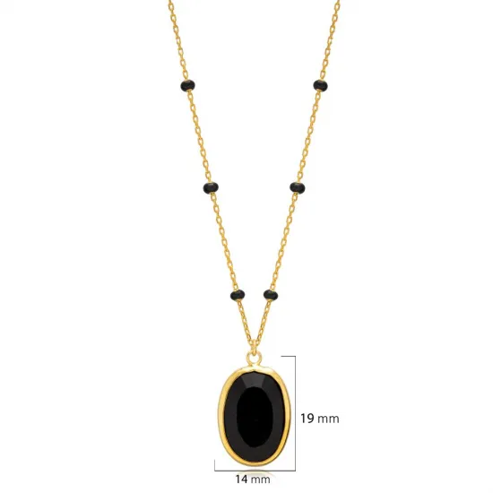 Oval Black Quartz Black Enamel Bezel Silver Necklace