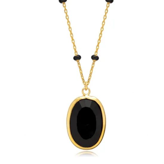 Oval Black Quartz Black Enamel Bezel Silver Necklace