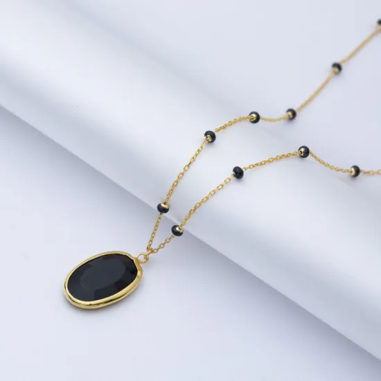 Oval Black Quartz Black Enamel Bezel Silver Necklace