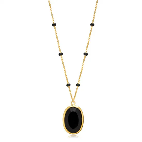 Oval Black Quartz Black Enamel Bezel Silver Necklace