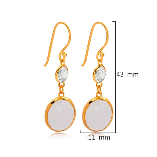 White Smoke Quartz Oval Gold Bezel 925 Silver Earrings