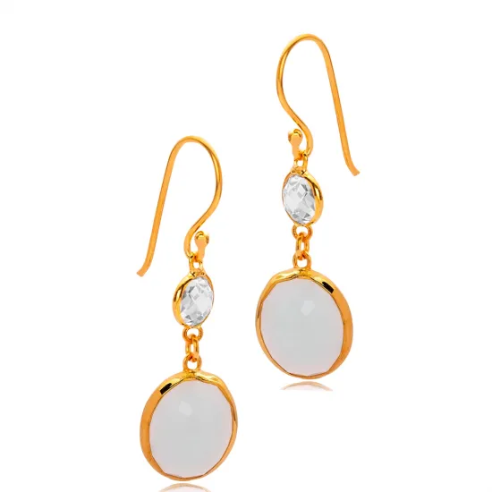 White Smoke Quartz Oval Gold Bezel 925 Silver Earrings