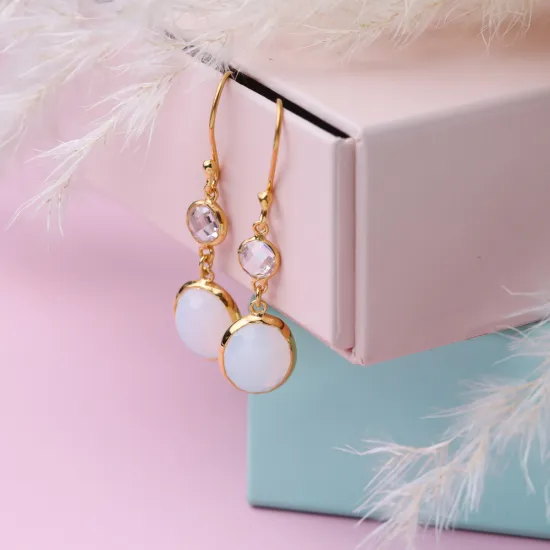 White Smoke Quartz Oval Gold Bezel 925 Silver Earrings