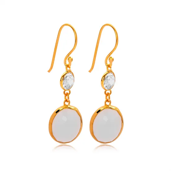 White Smoke Quartz Oval Gold Bezel 925 Silver Earrings
