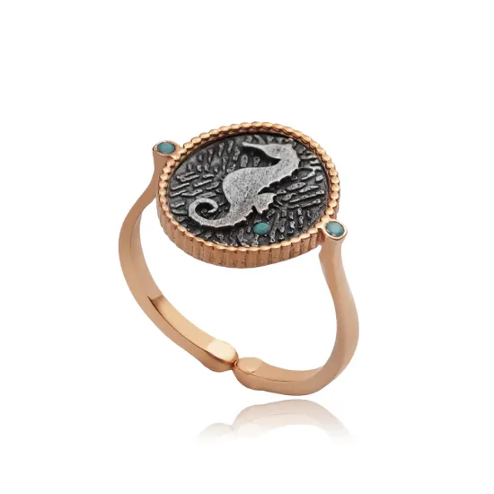 Turquoise CZ Seahorse Antic 925 Sterling Silver Ring | 925 Sterling Silver Wholesale | Sade Silver Turquoise CZ Seahorse Antic 925 Sterling Silver Ring - Sade 925 Silver Jewelry