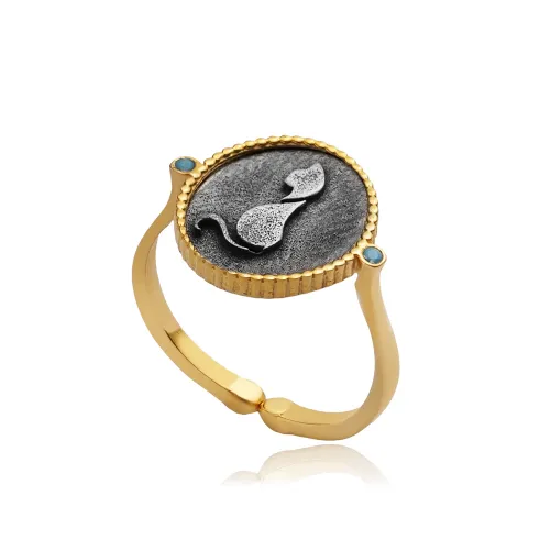 Cat Symbol Oxidized 925 Sterling Silver Ring
