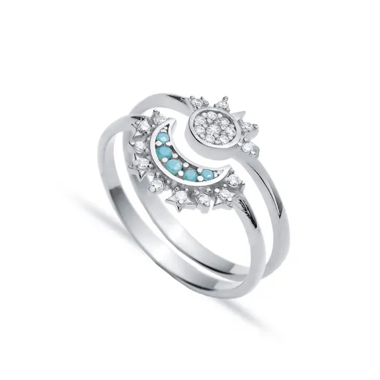 Moon and Sun Turquoise CZ Silver Cluster Ring Moon and Sun Turquoise CZ Silver Cluster Ring