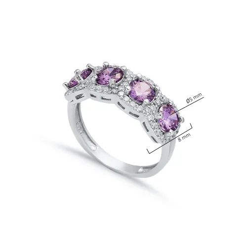 Five Amethyst CZ Round 925 Sterling Silver Ring