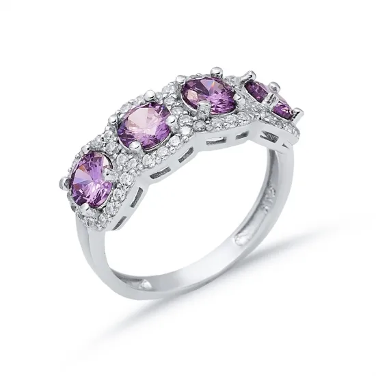 Five Amethyst CZ Round 925 Sterling Silver Ring