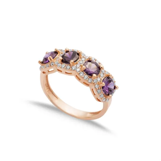 Five Amethyst CZ Round 925 Sterling Silver Ring