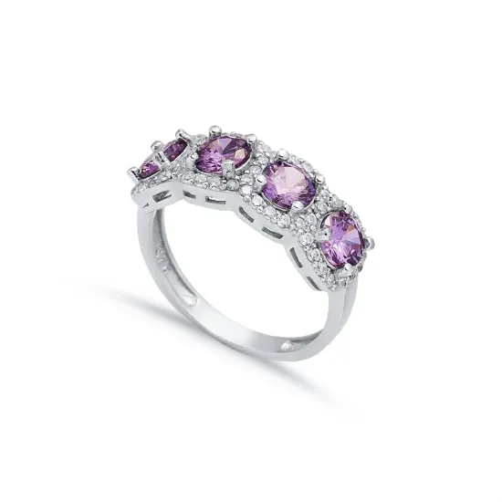 Five Amethyst CZ Round 925 Sterling Silver Ring