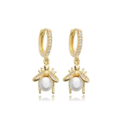 Bee Pearl CZ Dangle 925 Sterling Silver Earrings