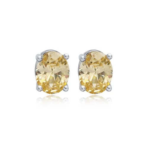 Oval Citrine CZ Stones Silver Stud Earrings